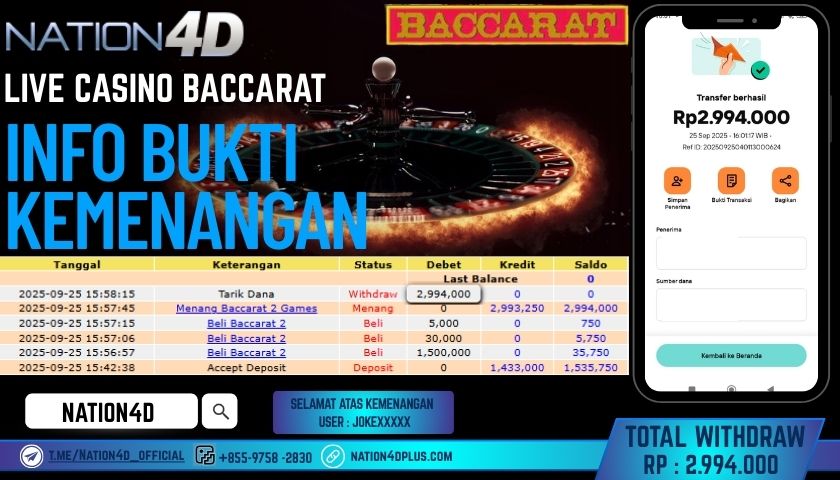 NATION4D -LIVE CASINO BACCARAT RP.2,994,000 LUNAS!