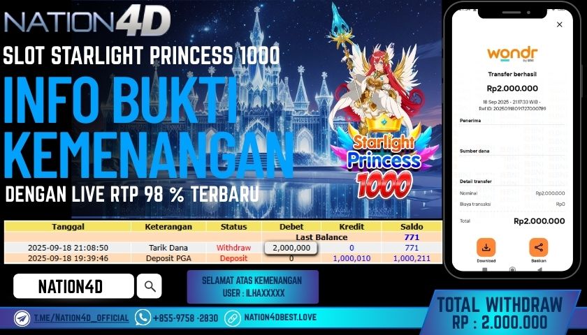 NATION4D -SLOT STARLIGHT PRINCESS 1000 RP.2,000,000 LUNAS!