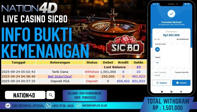 NATION4D -LIVE CASINO SICBO RP.1,501,000 LUNAS!