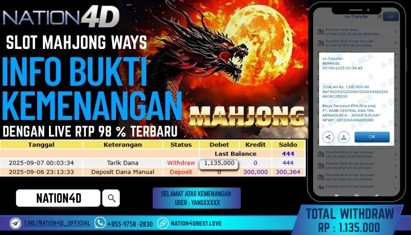 NATION4D -SLOT MAHJONG WAYS RP.1,135,000 LUNAS!!