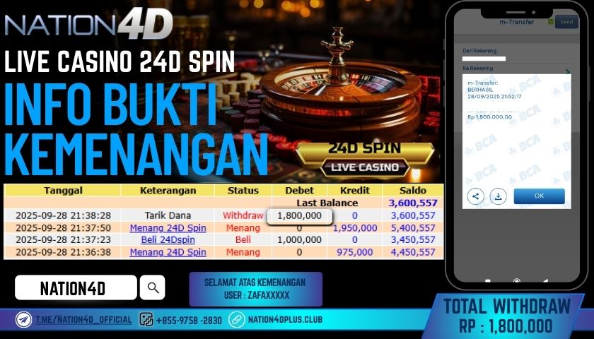 NATION4D -LIVE CASINO 24D SPIN RP.1,800,000 LUNAS!