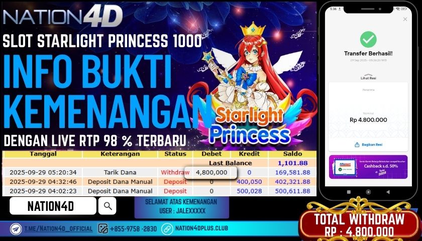 NATION4D -SLOT STARLIGHT PRINCESS 1000 RP.4,800,000 LUNAS!