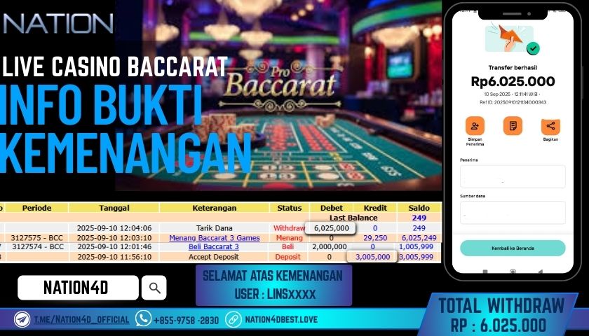 NATION4D -LIVE CASINO BACCARAT RP.6,025,000 LUNAS!