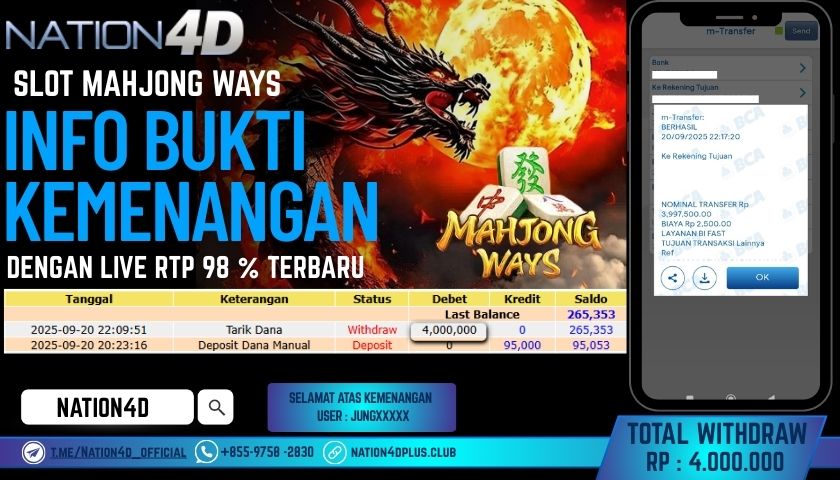NATION4D -SLOT MAHJONG WAYS RP.4,000,000 LUNAS!