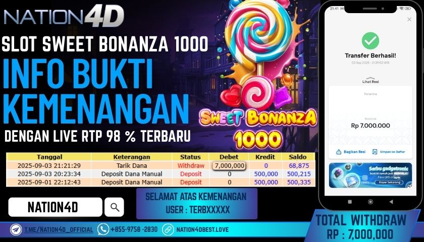 NATION4D -SLOT SWEET BONANZA 1000            RP.7,000,000 LUNAS!!