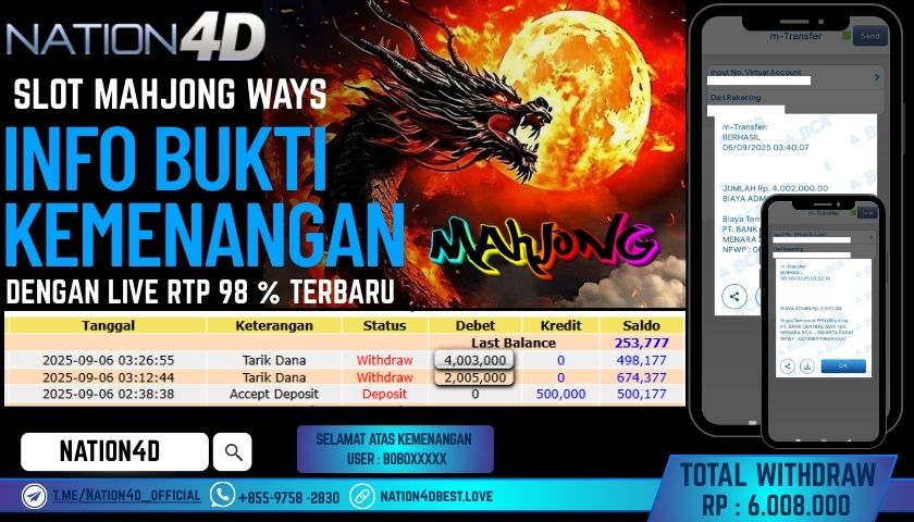 NATION4D -SLOT MAHJONG WAYS RP.6,008,000 LUNAS!!