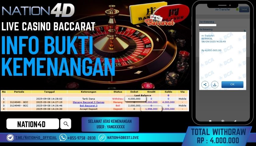 NATION4D -LIVE CASINO BACCARAT RP.4,000,000 LUNAS!!