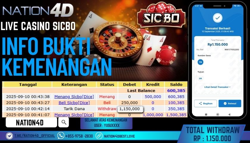 NATION4D -LIVE CASINO SICBO RP.1,150,000 LUNAS!!