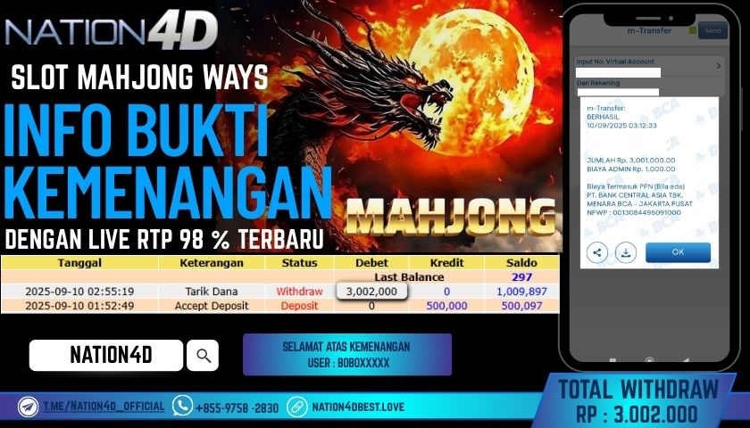 NATION4D -SLOT MAHJONG WAYS RP.3,002,000 LUNAS!!