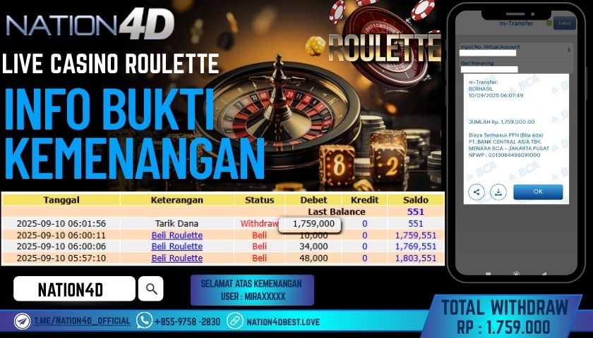 NATION4D -LIVE CASINO ROULETTE RP.1,759,000 LUNAS!!