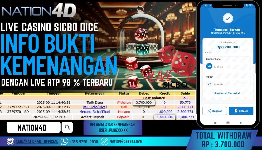 NATION4D -LIVE CASINO SICBO DICE RP.3,700,000 LUNAS!