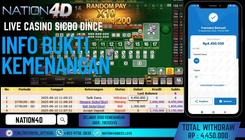 NATION4D -LIVE CASINO SICBO DICE RP.4,450,000 LUNAS!