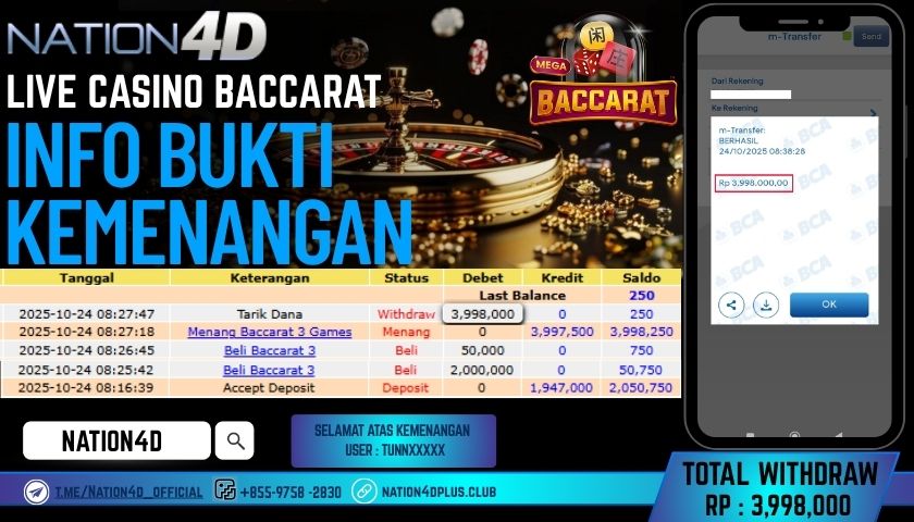 NATION4D -LIVE CASINO BACCARAT RP.3,998,000 LUNAS!