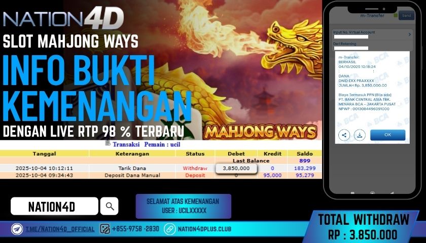 NATION4D -SLOT MAHJONG WAYS RP.3,850,000 LUNAS!