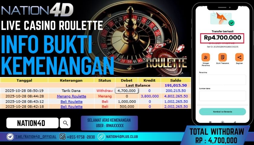 NATION4D -LIVE CASINO ROULETTE RP.4,700,000 LUNAS!