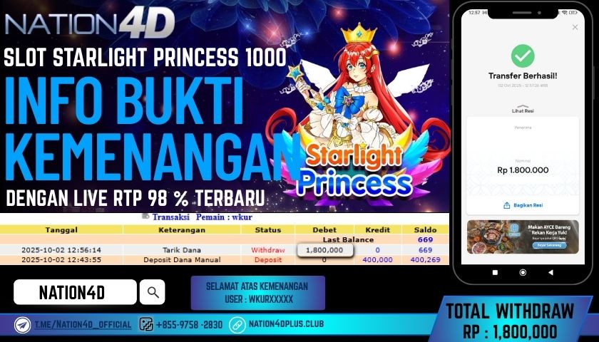 NATION4D -SLOT STARLIGHT PRINCESS 1000 RP.1,800,000 LUNAS!