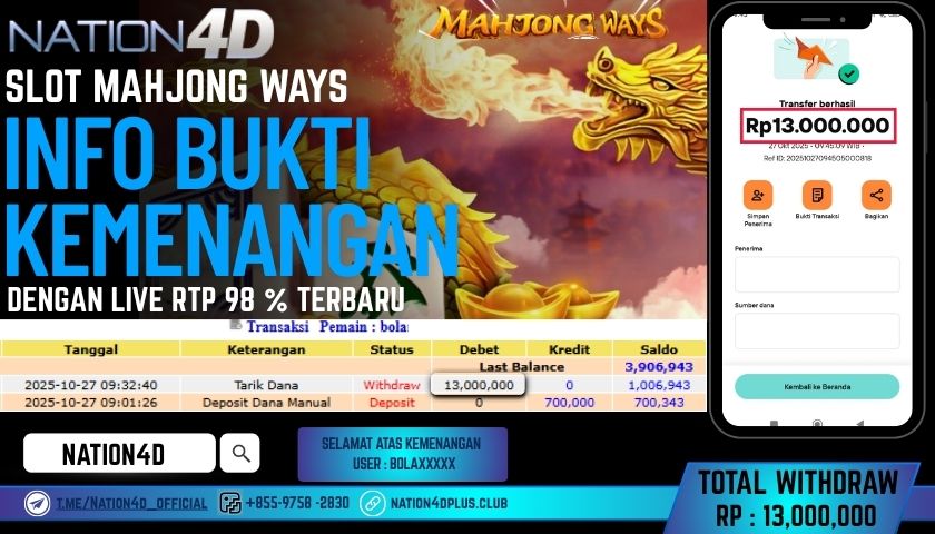 NATION4D -SLOT MAHJONG WAYS RP.13,000,000 LUNAS!