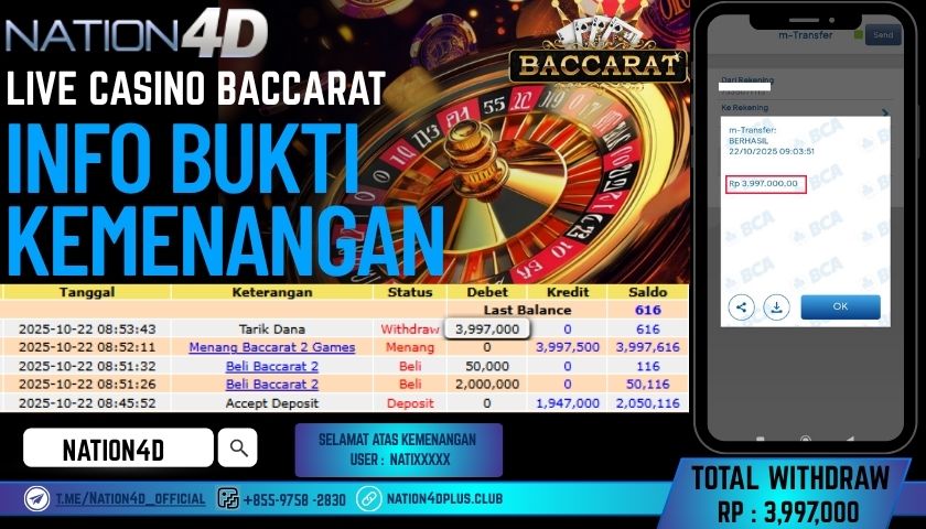 NATION4D -LIVE CASINO BACCARAT RP.3,997,000 LUNAS!