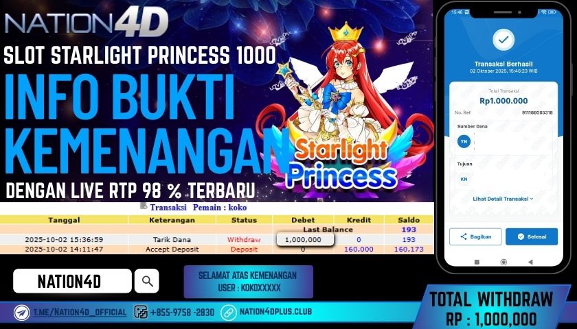 NATION4D -SLOT STARLIGHT PRINCESS 1000 RP.1,000,000 LUNAS!