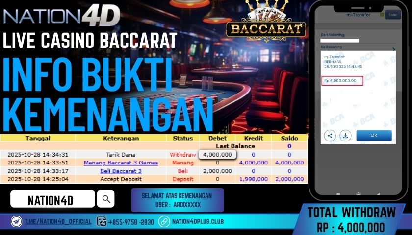 NATION4D -LIVE CASINO BACCARAT RP.4,000,000 LUNAS!