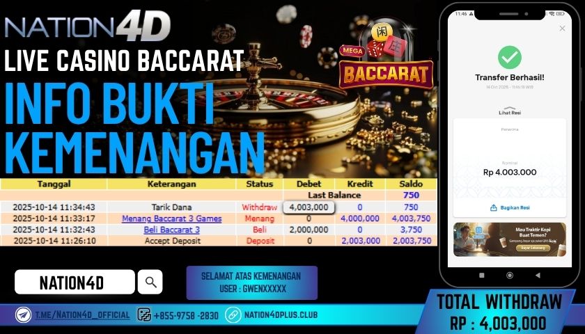 NATION4D -LIVE CASINO BACCARAT RP.4,003,000 LUNAS!