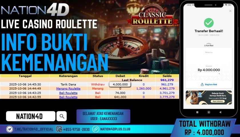 NATION4D -LIVE CASINO ROULETTE RP.4,000,000 LUNAS!