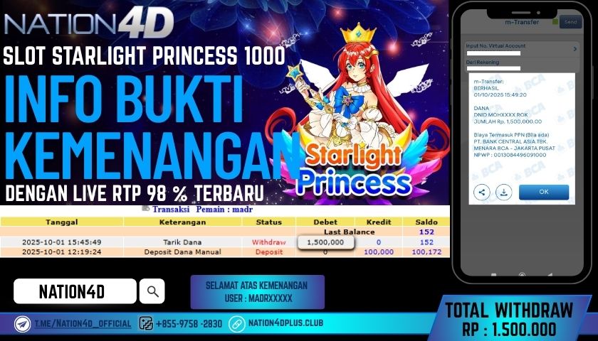NATION4D -SLOT STARLIGHT PRINCESS 1000 RP.1,500,000 LUNAS!