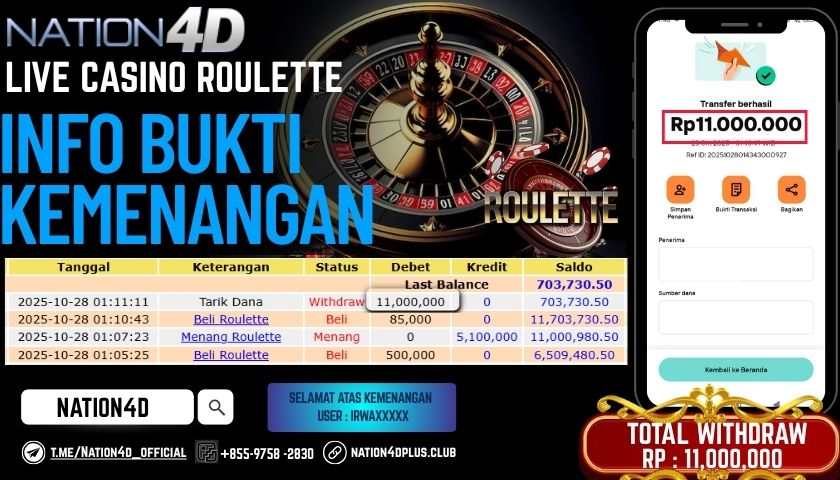 NATION4D -LIVE CASINO ROULETTE RP.11,000,000 LUNAS!