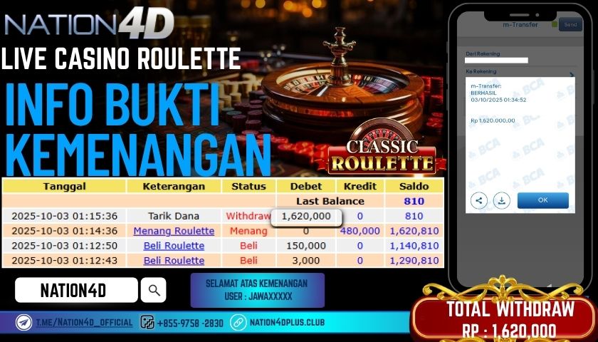 NATION4D -LIVE CASINO ROULETTE RP.1,620,000 LUNAS!