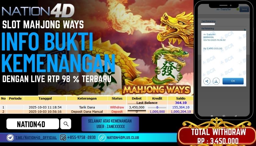 NATION4D -SLOT MAHJONG WAYS RP.3,450,000 LUNAS!