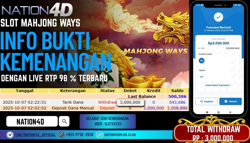 NATION4D -SLOT MAHJONG WAYS RP.3,000,000 LUNAS!