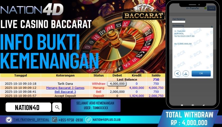 NATION4D -LIVE CASINO BACCARAT RP.4,000,000 LUNAS!