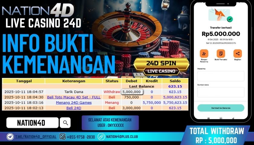NATION4D -LIVE CASINO 24D SPIN RP.5,000,000 LUNAS!