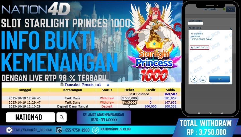 NATION4D -SLOT STARLIGHT PRINCESS 1000 RP.3,750,000 LUNAS!