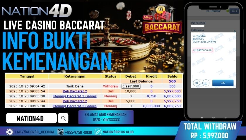 NATION4D -LIVE CASINO BACCARAT RP.5,997,000 LUNAS!
