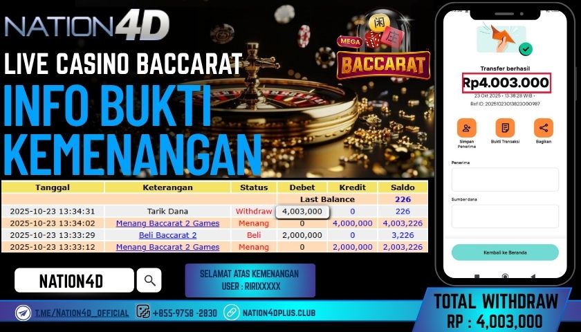NATION4D -LIVE CASINO BACCARAT RP.4,003,000 LUNAS!