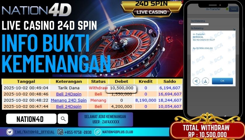 NATION4D -LIVE CASINO 24D SPIN RP.10,500,000 LUNAS!