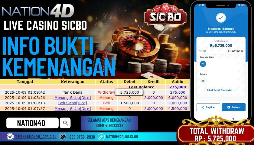 NATION4D -LIVE CASINO SICBO RP.5,725,000 LUNAS!