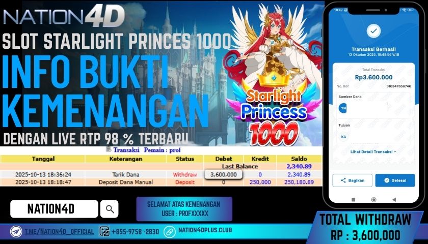 NATION4D -SLOT STARLIGHT PRINCES 1000 RP.3,600,000 LUNAS!