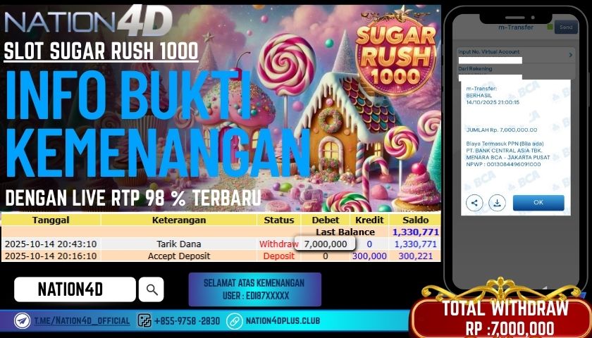 NATION4D -SLOT SUGAR RUSH 1000 RP.7,000,000 LUNAS!