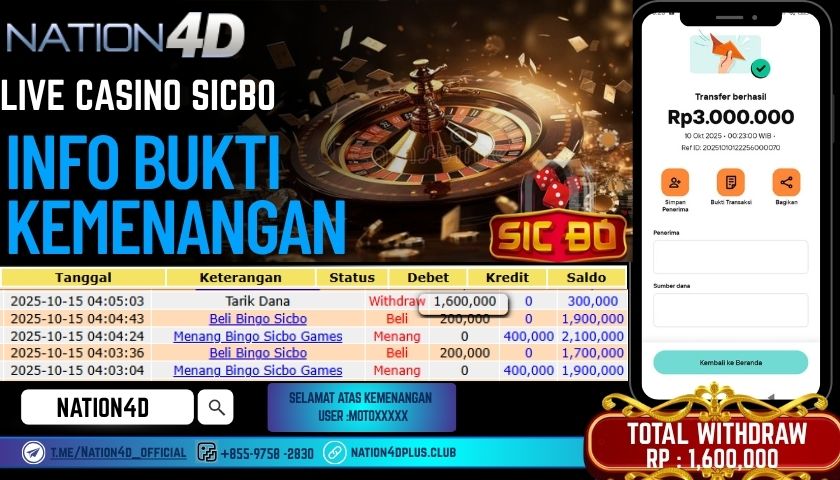 NATION4D -LIVE CASINO SICBO RP.1,600,000 LUNAS!