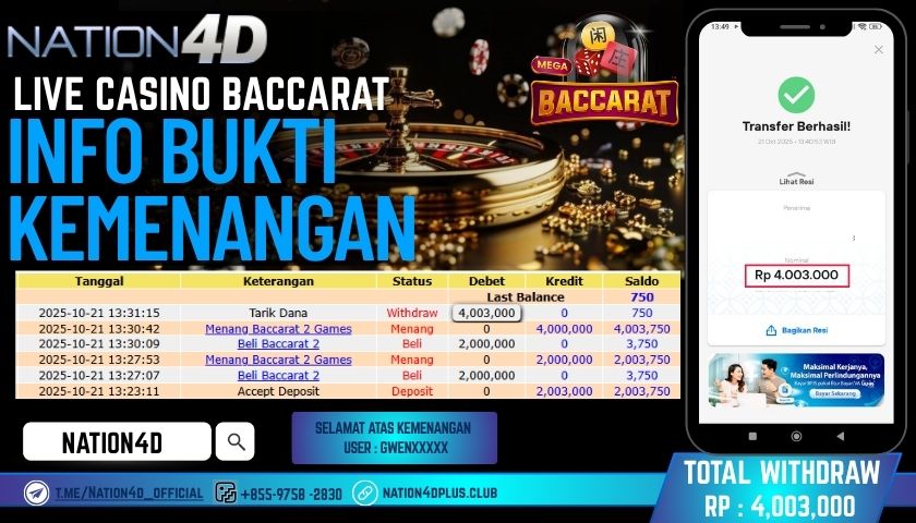 NATION4D -LIVE CASINO BACCARAT RP.4,003,000 LUNAS!