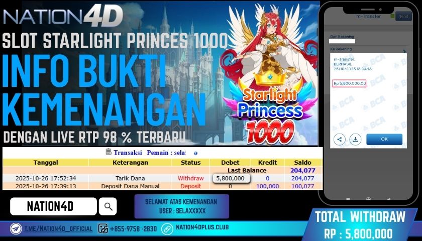 NATION4D -SLOT STARLIGHT PRINCESS 1000 RP.5,800,000 LUNAS!