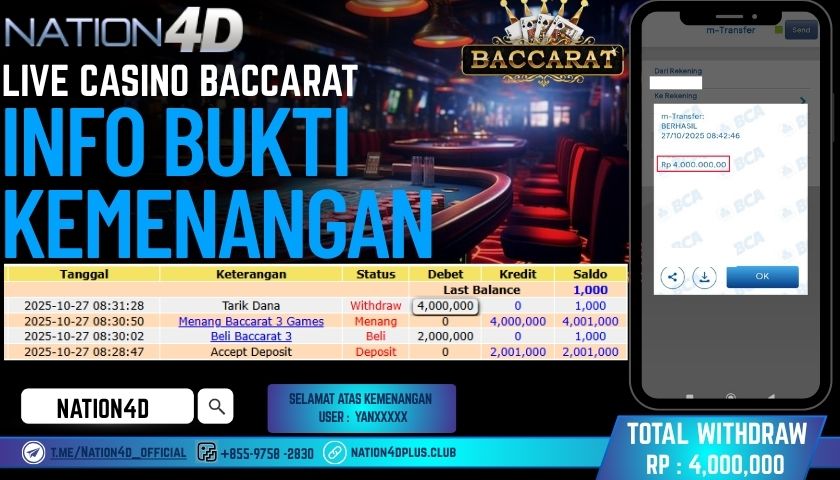 NATION4D -LIVE CASINO BACCARAT RP.4,000,000 LUNAS!