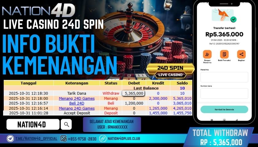 NATION4D -LIVE CASINO 24D SPIN  RP.5,365,000 LUNAS!