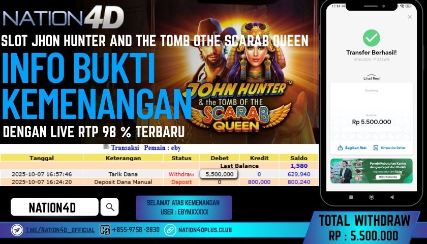 NATION4D -SLOT JHON HUNTER AND THE TOMB OTHE SCARAB QUEEN RP.5.500,000 LUNAS!