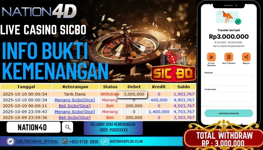 NATION4D -LIVE CASINO SICBO RP.3,000,000 LUNAS!