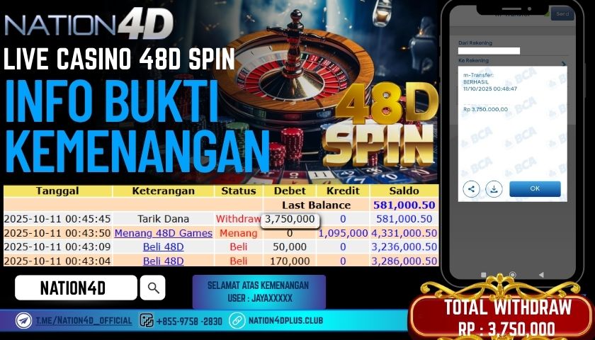 NATION4D -LIVE CASINO 48D SPIN RP.3,750,000 LUNAS!