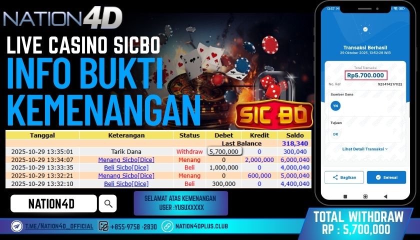 NATION4D -LIVE LIVE CASINO SICBO  RP.5,700,000 LUNAS!