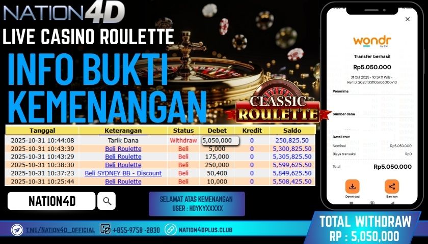 NATION4D -LIVE CASINO ROULETTE RP.5,050,000 LUNAS!